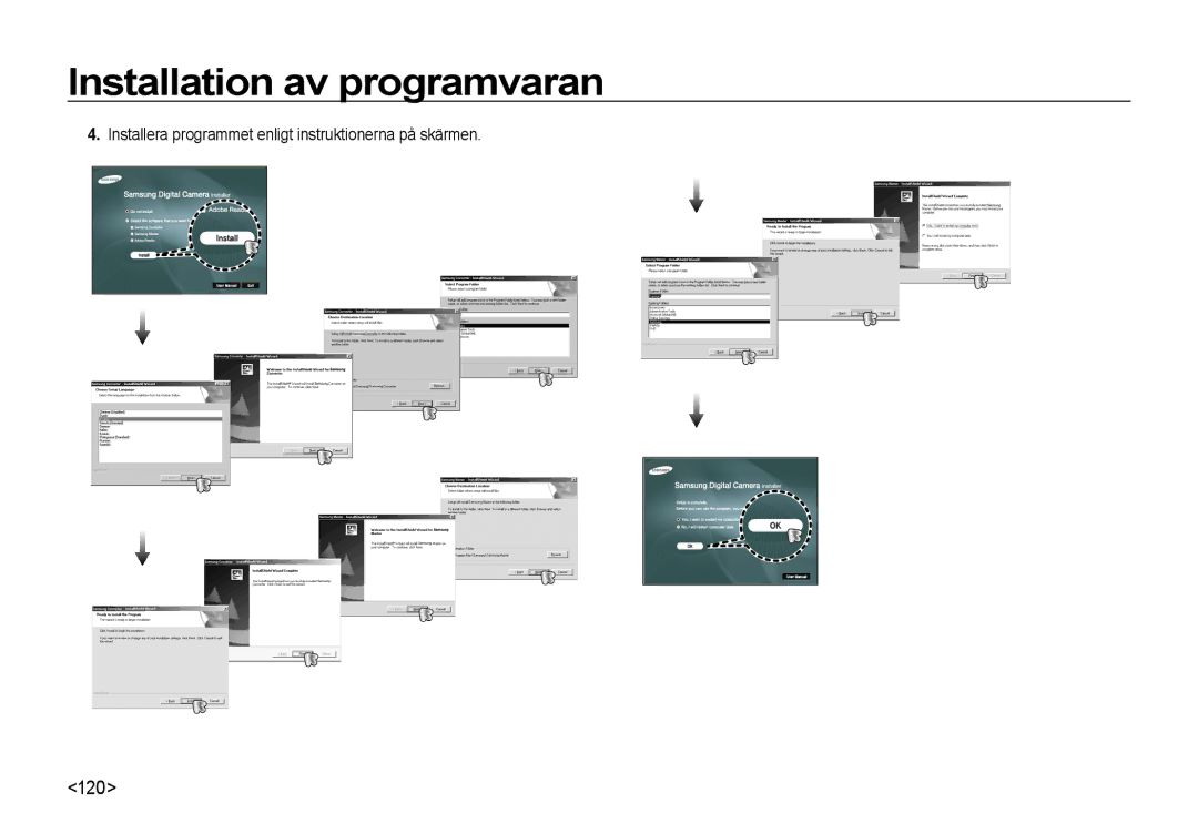 Samsung EC-I8ZZZWBA/E3, EC-I8ZZZPBA/E2, EC-I8ZZZBBA/E3 manual 120, Installera programmet enligt instruktionerna på skärmen 