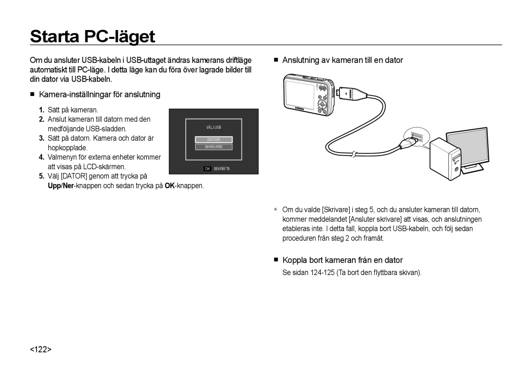 Samsung EC-I8ZZZUBA/E3 manual Starta PC-läget, Anslutning av kameran till en dator, Koppla bort kameran från en dator, 122 