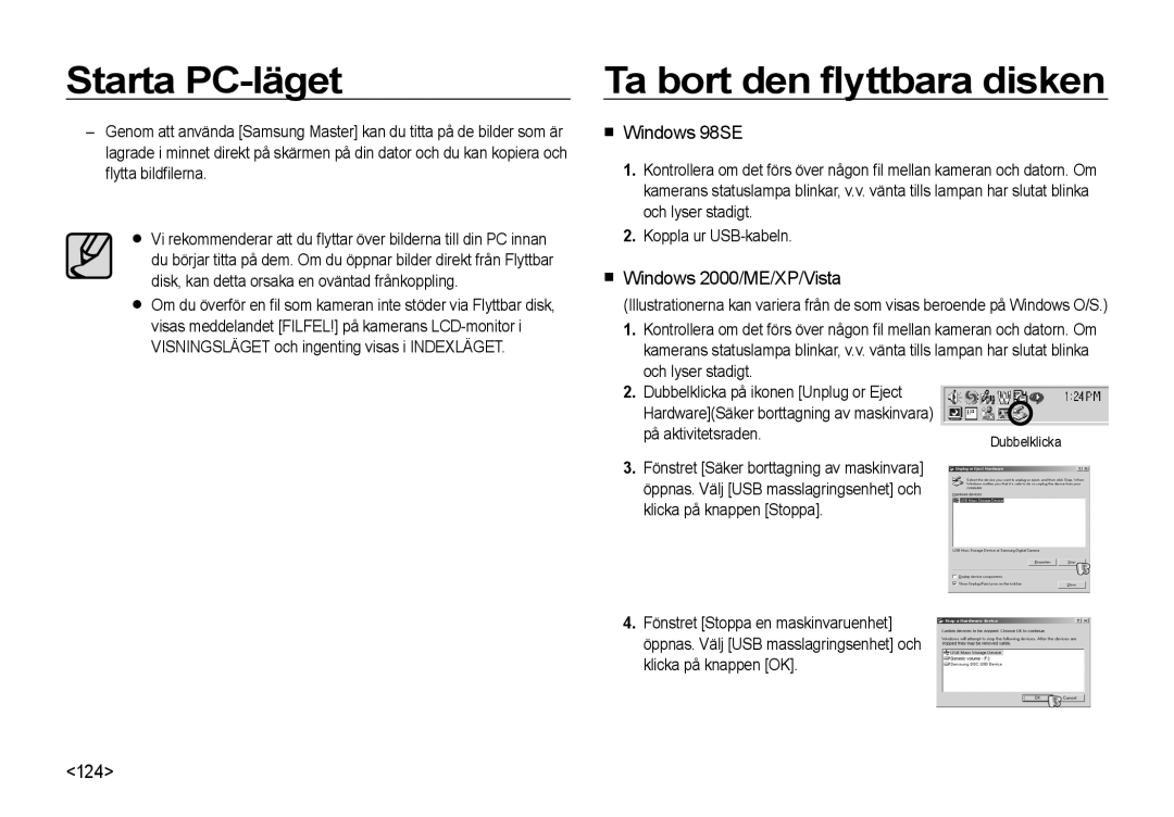 Samsung EC-I8ZZZPBA/E3 manual Ta bort den ﬂyttbara disken, Windows 98SE, Windows 2000/ME/XP/Vista, 124, På aktivitetsraden 