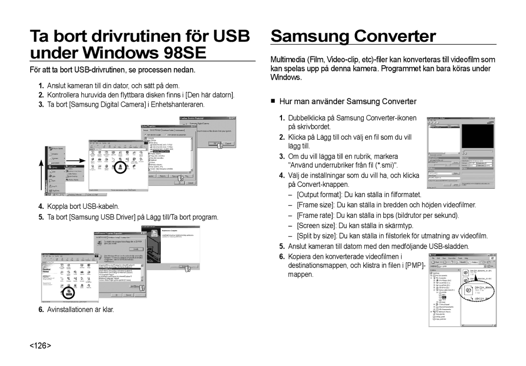 Samsung EC-I8ZZZBBA/E2, EC-I8ZZZPBA/E2 manual Ta bort drivrutinen för USB under Windows 98SE, Samsung Converter, 126 