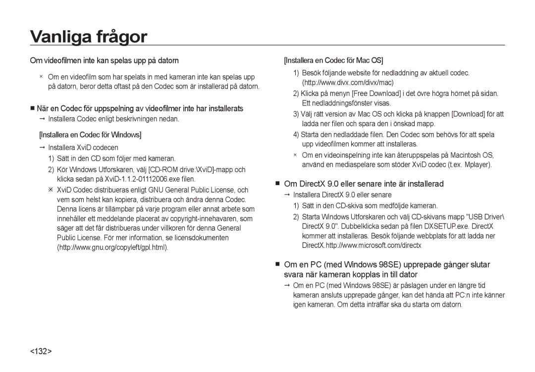 Samsung EC-I8ZZZPBA/E3 Om videoﬁlmen inte kan spelas upp på datorn, Om DirectX 9.0 eller senare inte är installerad, 132 