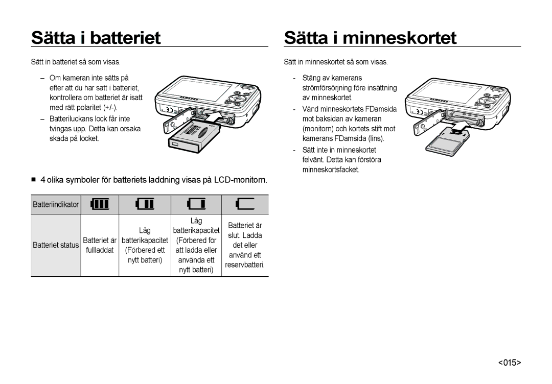 Samsung EC-I8ZZZPBA/E2, EC-I8ZZZWBA/E3 manual Sätta i batteriet, Sätta i minneskortet, 015, Sätt in batteriet så som visas 