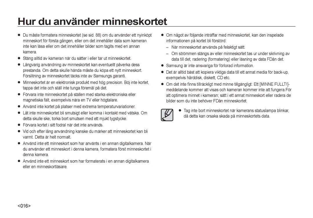 Samsung EC-I8ZZZWBA/E3, EC-I8ZZZPBA/E2, EC-I8ZZZBBA/E3, EC-I8ZZZUBA/E3, EC-I8ZZZWBA/E2 manual Hur du använder minneskortet, 016 