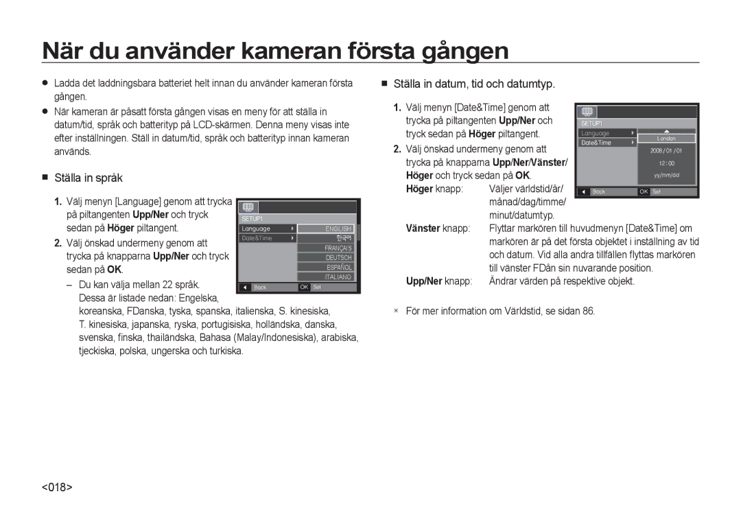 Samsung EC-I8ZZZUBA/E3 När du använder kameran första gången, Ställa in språk, Ställa in datum, tid och datumtyp, 018 