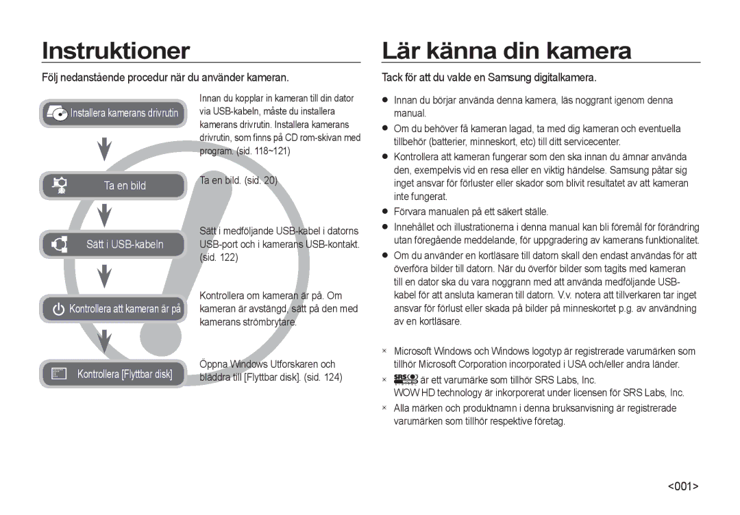 Samsung EC-I8ZZZBBA/E3 manual Instruktioner, Lär känna din kamera, Följ nedanstående procedur när du använder kameran, 001 