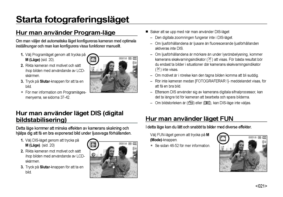 Samsung EC-I8ZZZUBA/E2 manual Hur man använder Program-läge, Hur man använder läget DIS digital bildstabilisering, 021 