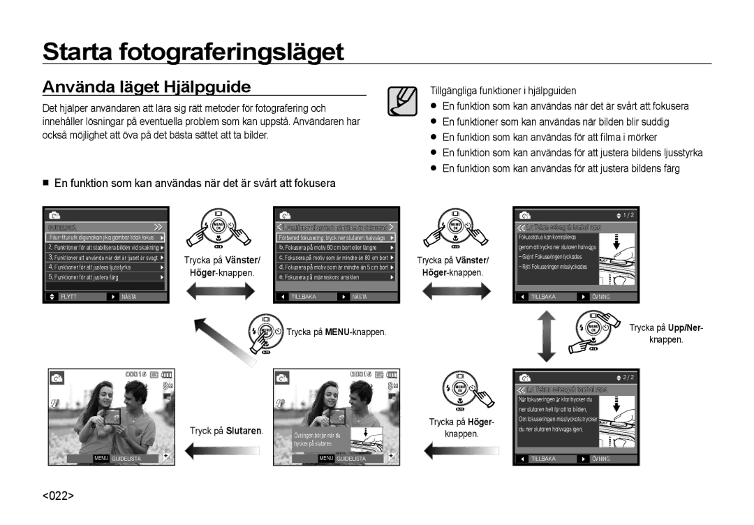 Samsung EC-I8ZZZBBA/E2 manual Använda läget Hjälpguide, En funktion som kan användas när det är svårt att fokusera, 022 