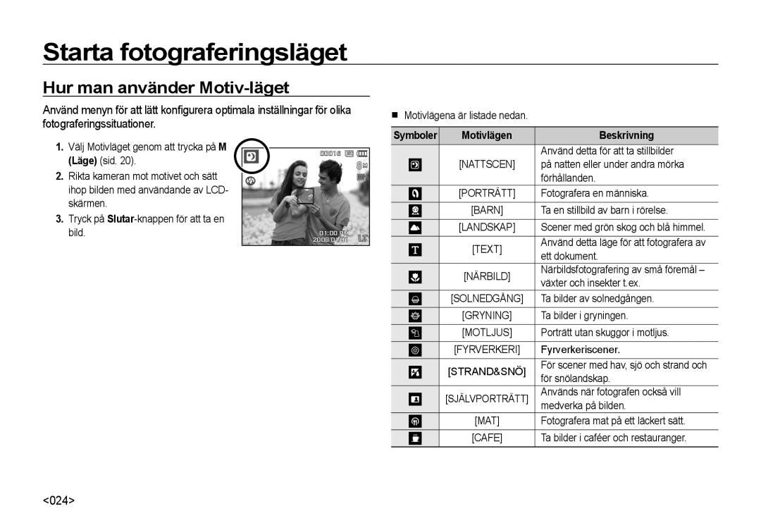 Samsung EC-I8ZZZWBA/E3, EC-I8ZZZPBA/E2, EC-I8ZZZBBA/E3, EC-I8ZZZUBA/E3, EC-I8ZZZWBA/E2 manual Hur man använder Motiv-läget, 024 