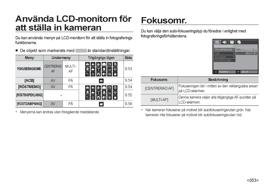 Samsung EC-I8ZZZUBA/E2, EC-I8ZZZPBA/E2, EC-I8ZZZWBA/E3 Använda LCD-monitorn för att ställa in kameran, Fokusomr, 053, Multi 