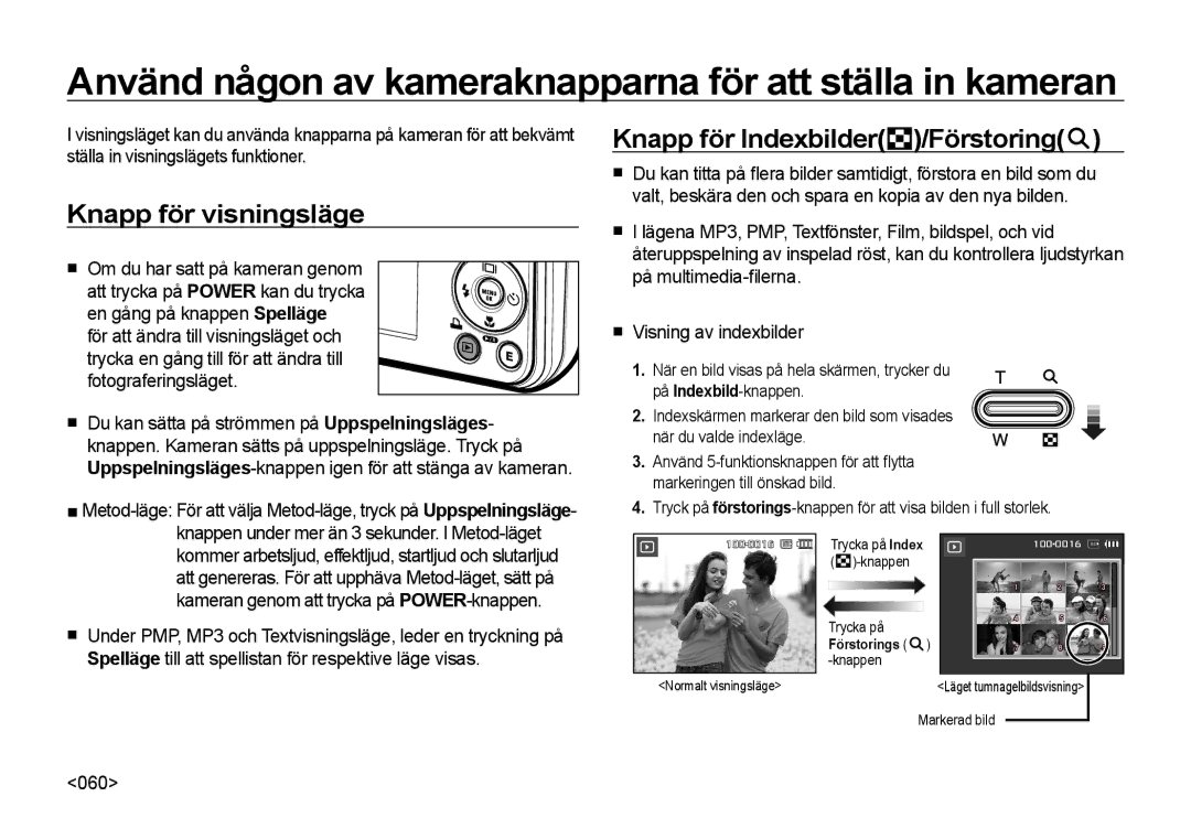 Samsung EC-I8ZZZPBA/E3 manual Använd någon av kameraknapparna för att ställa in kameran, Knapp för visningsläge, 060 