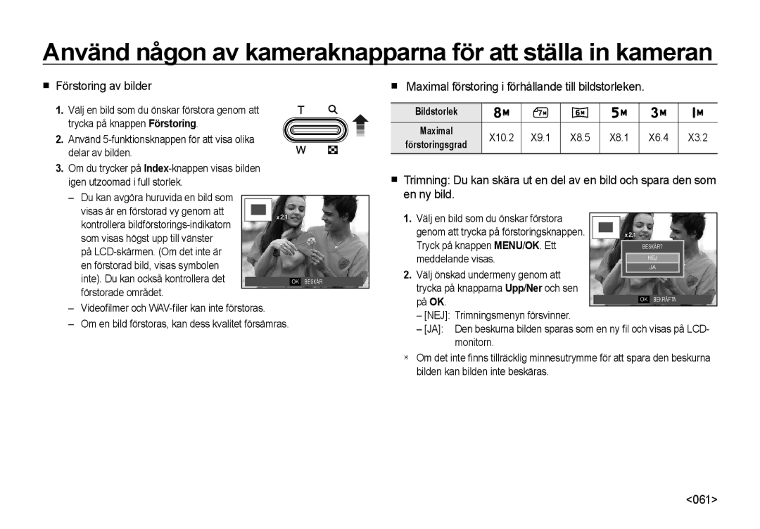 Samsung EC-I8ZZZUBA/E2 manual Förstoring av bilder, Maximal förstoring i förhållande till bildstorleken, 061, Bildstorlek 