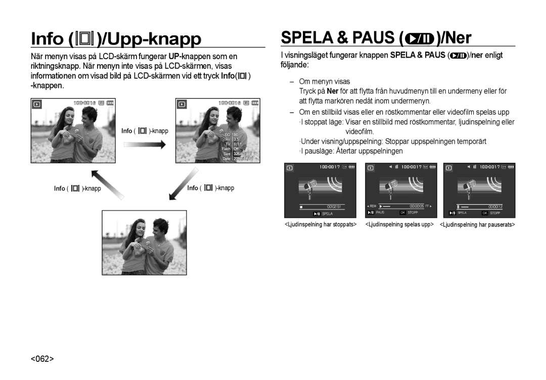 Samsung EC-I8ZZZBBA/E2, EC-I8ZZZPBA/E2, EC-I8ZZZWBA/E3, EC-I8ZZZBBA/E3 manual Info /Upp-knapp, Spela & Paus /Ner, 062 