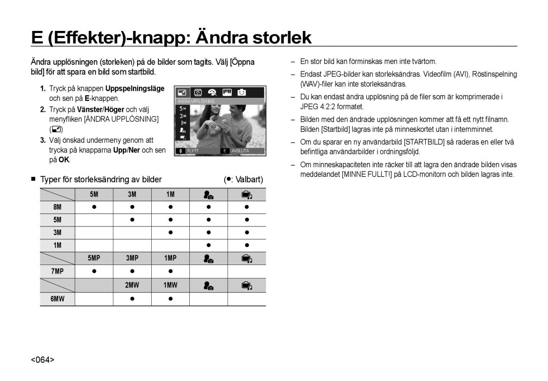 Samsung EC-I8ZZZWBA/E3, EC-I8ZZZPBA/E2 manual Effekter-knapp Ändra storlek, 064, Typer för storleksändring av bilder 