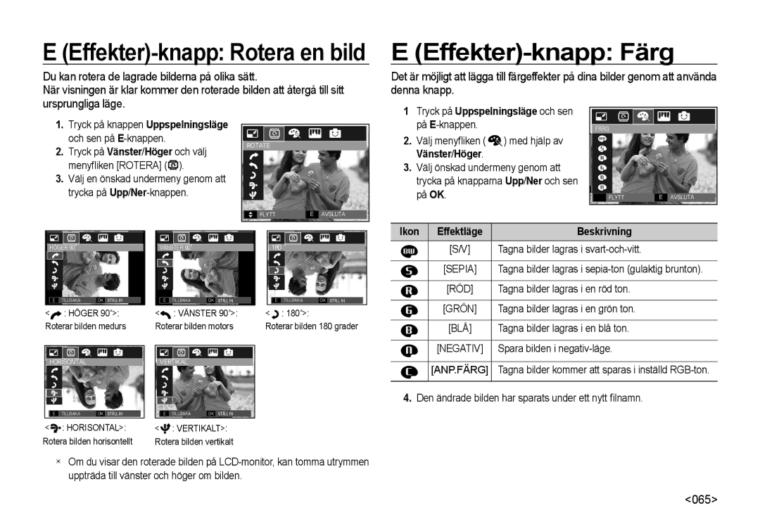 Samsung EC-I8ZZZBBA/E3, EC-I8ZZZPBA/E2, EC-I8ZZZWBA/E3 Effekter-knapp Färg, 065, Välj menyﬂiken med hjälp av Vänster/Höger 