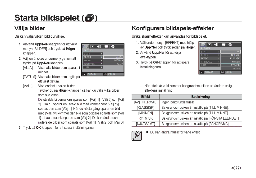 Samsung EC-I8ZZZUBA/E2 manual Välja bilder, Konﬁgurera bildspels-effekter, Du kan välja vilken bild du vill se, 077 