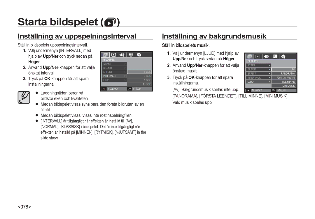 Samsung EC-I8ZZZBBA/E2 Inställning av uppspelningsInterval, Inställning av bakgrundsmusik, Ställ in bildspelets musik, 078 