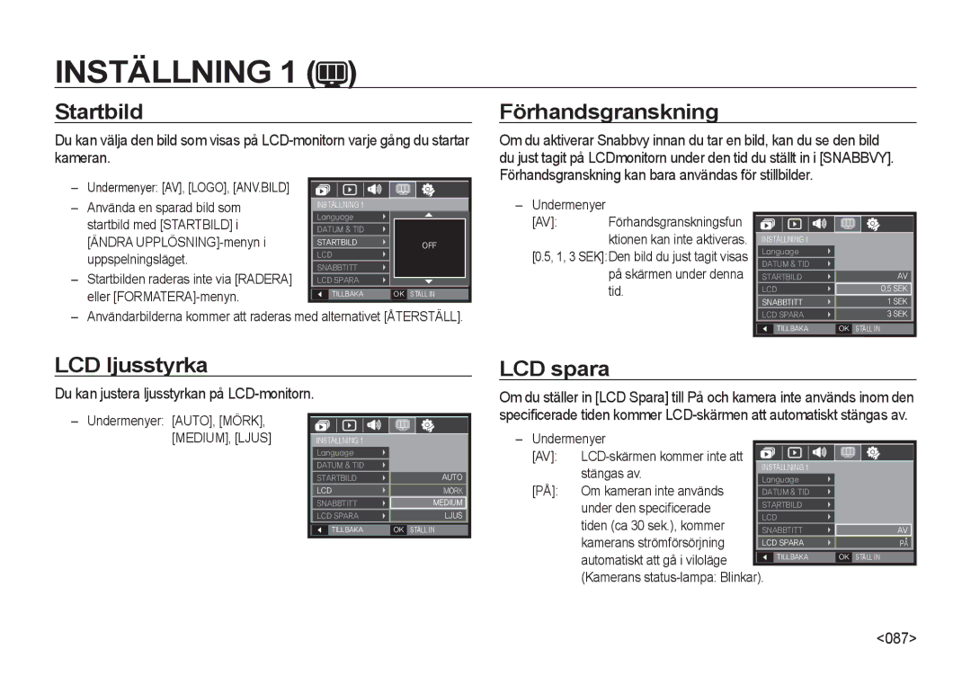 Samsung EC-I8ZZZPBA/E2, EC-I8ZZZWBA/E3, EC-I8ZZZBBA/E3 manual Startbild, Förhandsgranskning, LCD ljusstyrka, LCD spara 