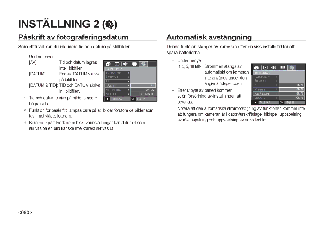 Samsung EC-I8ZZZUBA/E3, EC-I8ZZZPBA/E2, EC-I8ZZZWBA/E3 manual Påskrift av fotograferingsdatum, Automatisk avstängning, 090 