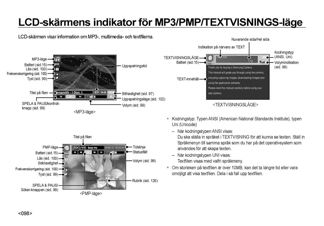Samsung EC-I8ZZZUBA/E3, EC-I8ZZZPBA/E2 manual LCD-skärmens indikator för MP3/PMP/TEXTVISNINGS-läge, 098, Textvisningsläge 