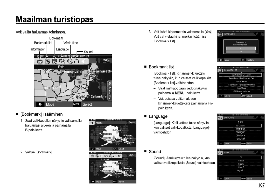 Samsung EC-I8ZZZWBA/E2, EC-I8ZZZPBA/E2, EC-I8ZZZWBA/E3 manual Bookmark list, Bookmark lisääminen, Language, Sound, 107 