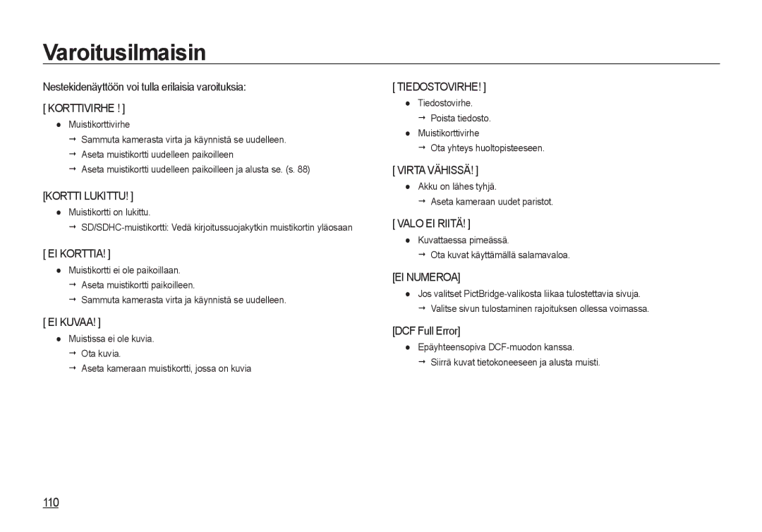 Samsung EC-I8ZZZBBA/E2 manual Varoitusilmaisin, 110, Nestekidenäyttöön voi tulla erilaisia varoituksia, DCF Full Error 