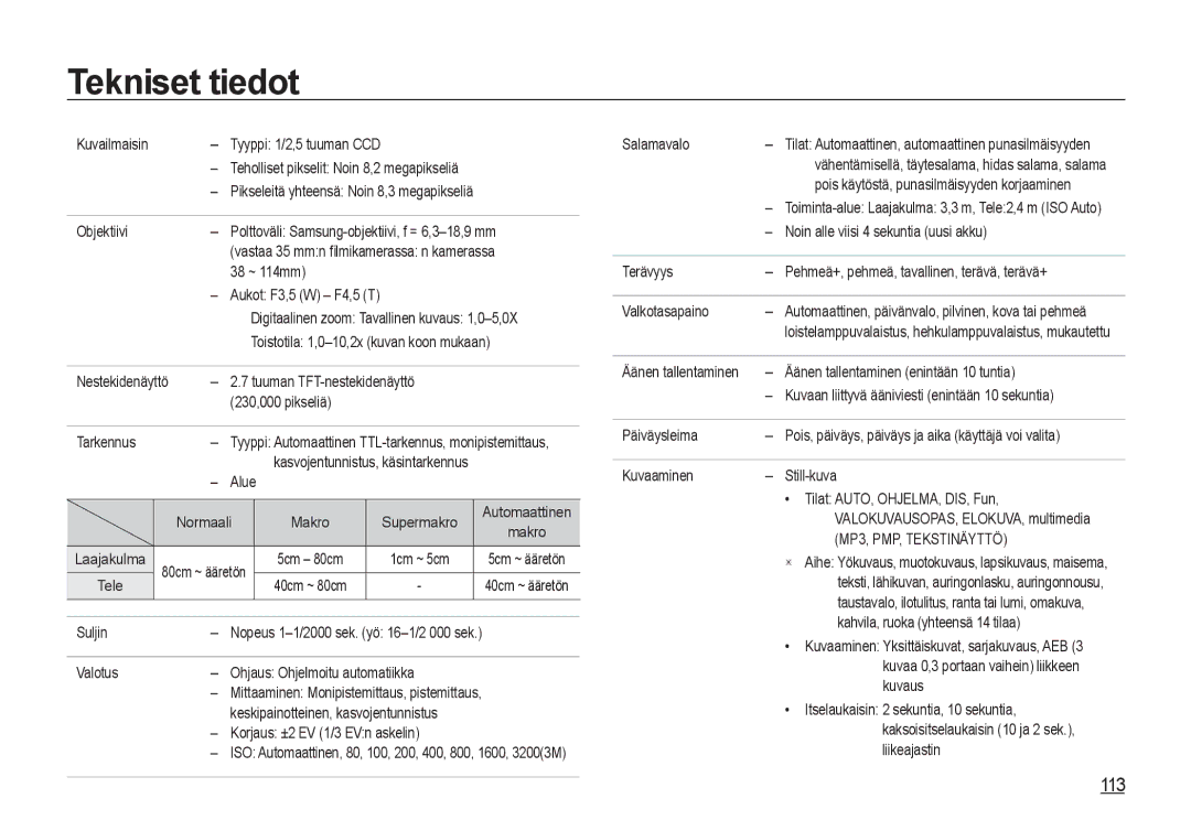 Samsung EC-I8ZZZBBA/E3, EC-I8ZZZPBA/E2, EC-I8ZZZWBA/E3, EC-I8ZZZUBA/E3, EC-I8ZZZWBA/E2, EC-I8ZZZPBA/E3 Tekniset tiedot, 113 