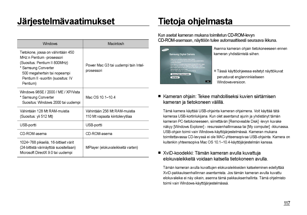 Samsung EC-I8ZZZUBA/E2, EC-I8ZZZPBA/E2, EC-I8ZZZWBA/E3, EC-I8ZZZBBA/E3 manual Järjestelmävaatimukset, Tietoja ohjelmasta, 117 