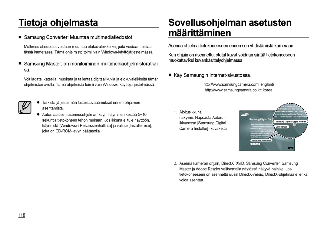 Samsung EC-I8ZZZBBA/E2 manual Sovellusohjelman asetusten määrittäminen, Samsung Converter Muuntaa multimediatiedostot, 118 