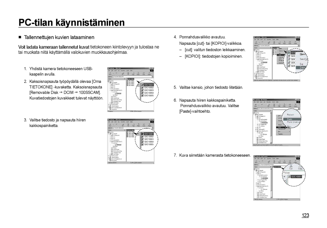 Samsung EC-I8ZZZWBA/E2 manual Tallennettujen kuvien lataaminen, 123, Yhdistä kamera tietokoneeseen USB- kaapelin avulla 