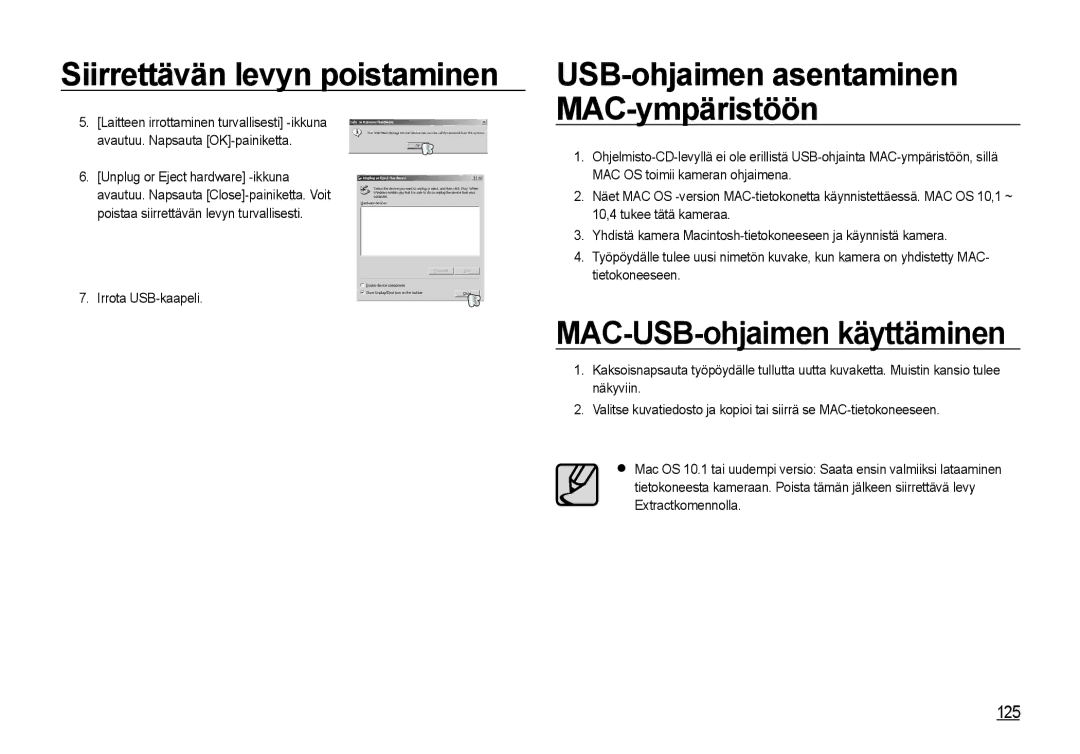 Samsung EC-I8ZZZUBA/E2, EC-I8ZZZPBA/E2, EC-I8ZZZWBA/E3, EC-I8ZZZBBA/E3, EC-I8ZZZUBA/E3 manual MAC-USB-ohjaimen käyttäminen, 125 