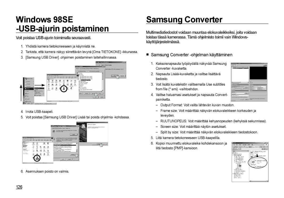 Samsung EC-I8ZZZBBA/E2 manual Windows 98SE USB-ajurin poistaminen, Samsung Converter -ohjelman käyttäminen, 126 