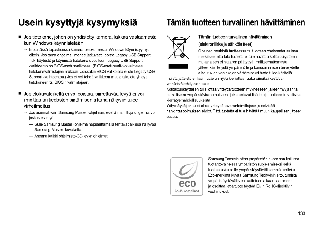 Samsung EC-I8ZZZUBA/E2, EC-I8ZZZPBA/E2, EC-I8ZZZWBA/E3, EC-I8ZZZBBA/E3 manual Tämän tuotteen turvallinen hävittäminen, 133 