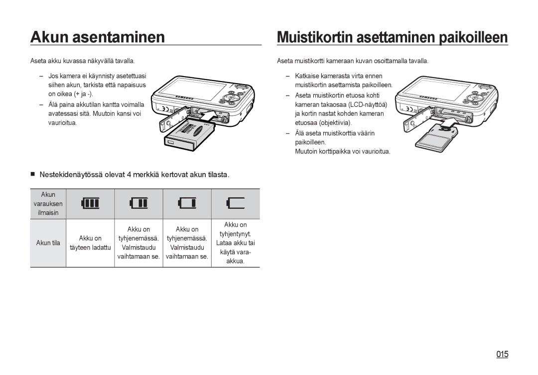 Samsung EC-I8ZZZPBA/E2, EC-I8ZZZWBA/E3 Akun asentaminen, 015, Nestekidenäytössä olevat 4 merkkiä kertovat akun tilasta 