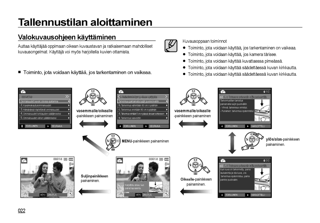 Samsung EC-I8ZZZBBA/E2, EC-I8ZZZPBA/E2, EC-I8ZZZWBA/E3 manual Valokuvausohjeen käyttäminen, 022, Vasemmalle/oikealle 