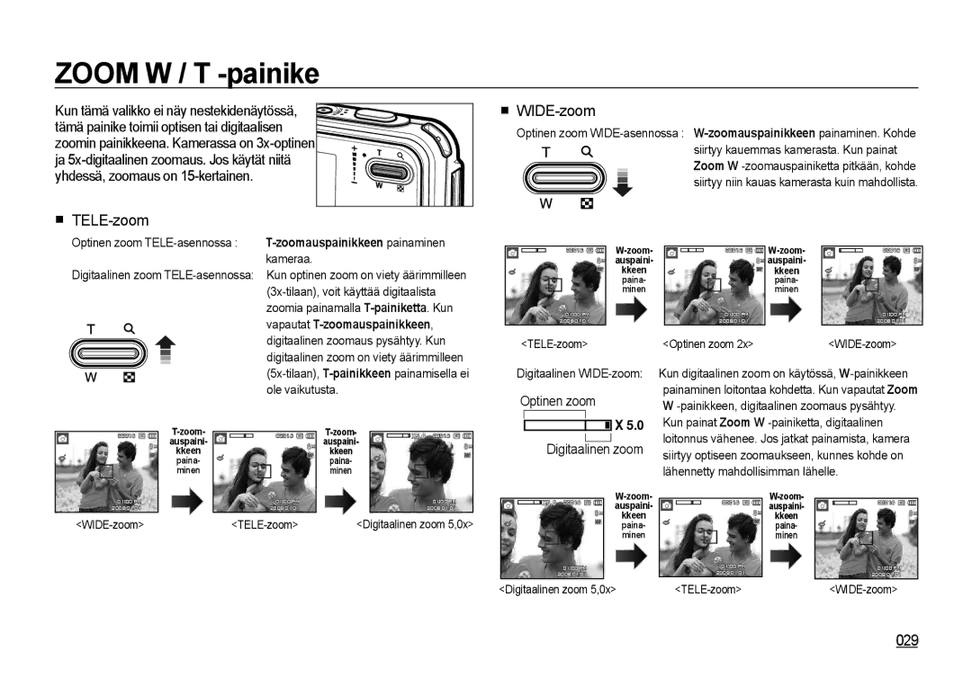 Samsung EC-I8ZZZUBA/E2, EC-I8ZZZPBA/E2, EC-I8ZZZWBA/E3, EC-I8ZZZBBA/E3 manual Zoom W / T -painike, TELE-zoom, WIDE-zoom, 029 