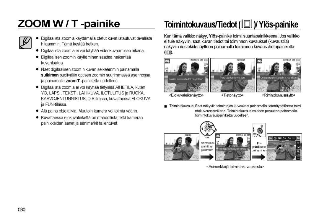 Samsung EC-I8ZZZBBA/E2 manual 030, Elokuvaleikenäyttö Tietonäyttö Toimintokuvausnäyttö, Esimerkkejä toimintokuvauksista 