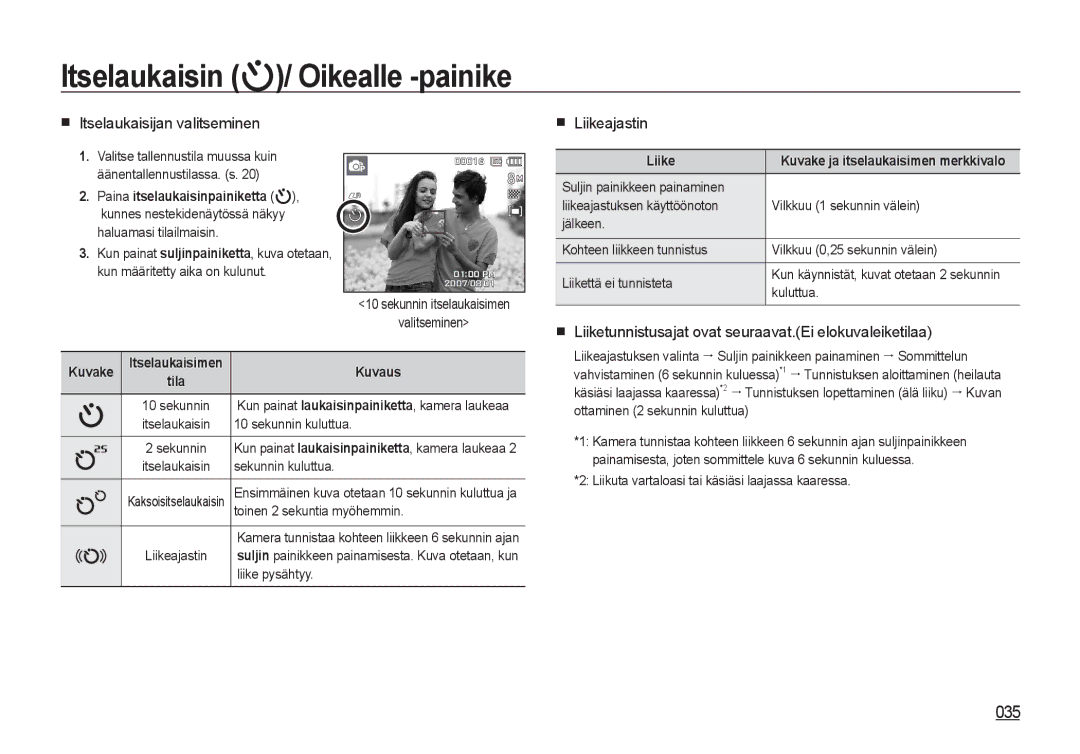 Samsung EC-I8ZZZWBA/E2, EC-I8ZZZPBA/E2, EC-I8ZZZWBA/E3, EC-I8ZZZBBA/E3 manual 035, Itselaukaisijan valitseminen, Liikeajastin 