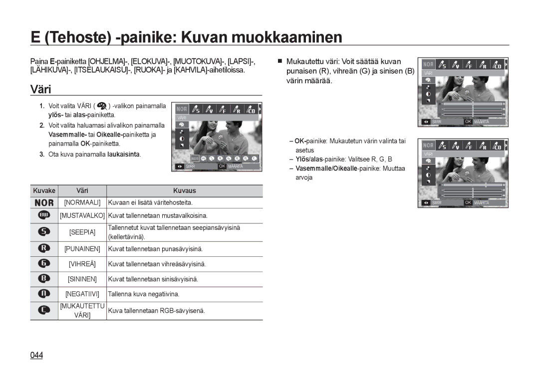 Samsung EC-I8ZZZPBA/E3, EC-I8ZZZPBA/E2 manual Tehoste -painike Kuvan muokkaaminen, Väri, 044, Painamalla OK-painiketta 