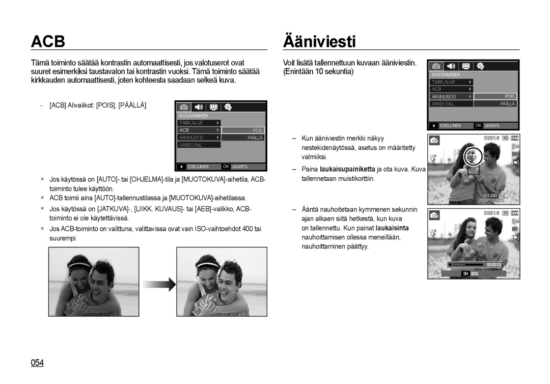 Samsung EC-I8ZZZBBA/E2, EC-I8ZZZPBA/E2, EC-I8ZZZWBA/E3, EC-I8ZZZBBA/E3 manual Ääniviesti, 054, ACB Alivalikot POIS, Päällä 