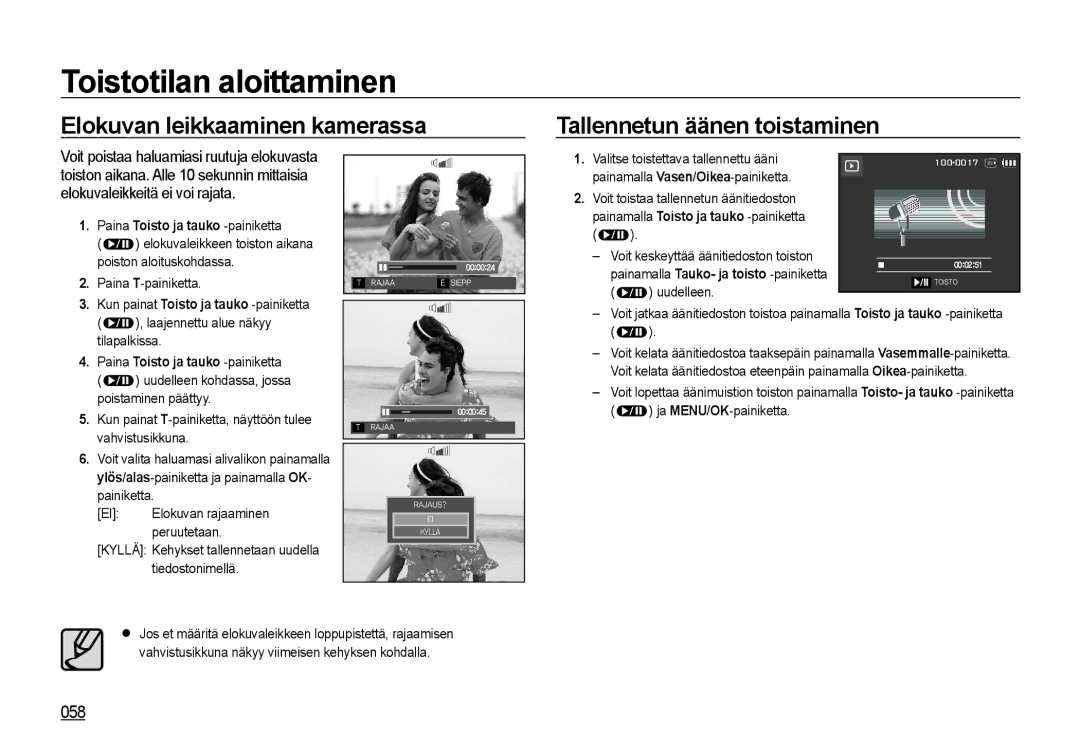 Samsung EC-I8ZZZUBA/E3, EC-I8ZZZPBA/E2, EC-I8ZZZWBA/E3, EC-I8ZZZBBA/E3 manual 058, Poiston aloituskohdassa, Paina T-painiketta 