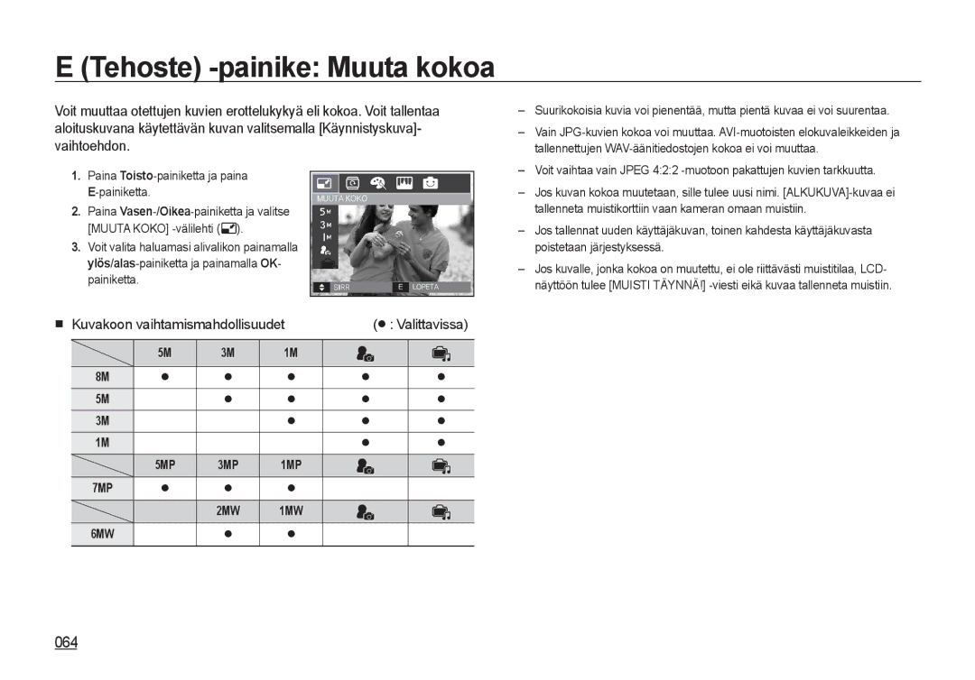 Samsung EC-I8ZZZWBA/E3, EC-I8ZZZPBA/E2, EC-I8ZZZBBA/E3, EC-I8ZZZUBA/E3, EC-I8ZZZWBA/E2 manual Tehoste -painike Muuta kokoa, 064 