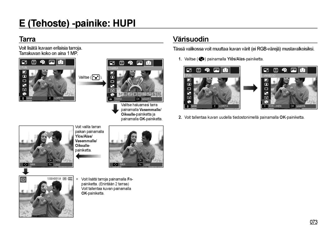 Samsung EC-I8ZZZBBA/E3, EC-I8ZZZPBA/E2, EC-I8ZZZWBA/E3 manual Tarra, Värisuodin, 073, Valitse painamalla Ylös/Alas-painiketta 