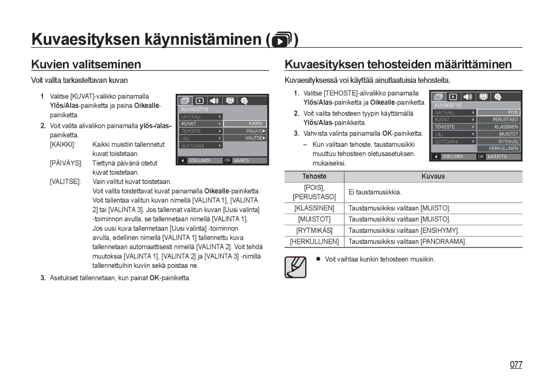 Samsung EC-I8ZZZUBA/E2 Kuvaesityksen käynnistäminen, Kuvien valitseminen, Kuvaesityksen tehosteiden määrittäminen, 077 