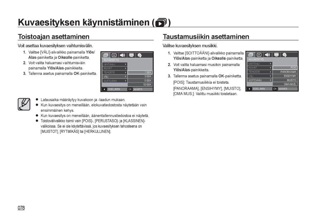 Samsung EC-I8ZZZBBA/E2 manual Toistoajan asettaminen Taustamusiikin asettaminen, 078, Valitse kuvaesityksen musiikki 