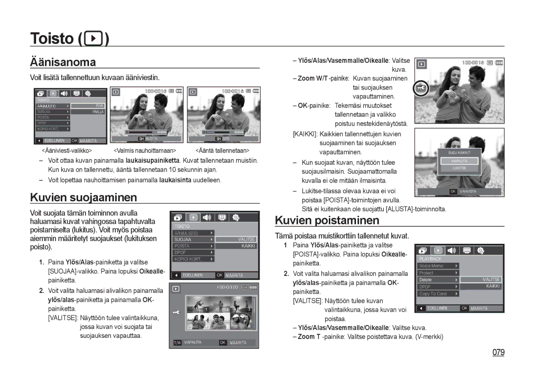 Samsung EC-I8ZZZPBA/E2, EC-I8ZZZWBA/E3, EC-I8ZZZBBA/E3 manual Toisto, Äänisanoma, Kuvien suojaaminen, Kuvien poistaminen, 079 