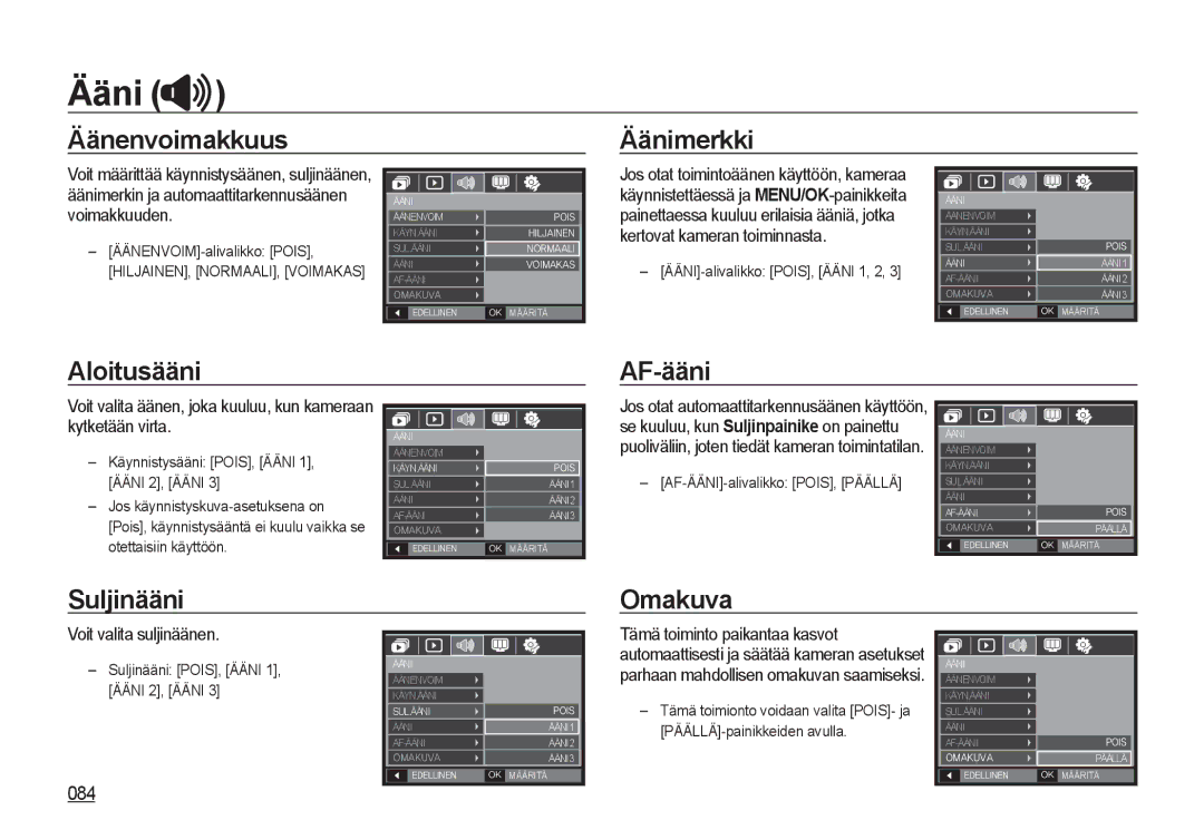 Samsung EC-I8ZZZPBA/E3, EC-I8ZZZPBA/E2 manual ÄänenvoimakkuusÄänimerkki, Aloitusääni AF-ääni, Suljinääni Omakuva, 084 