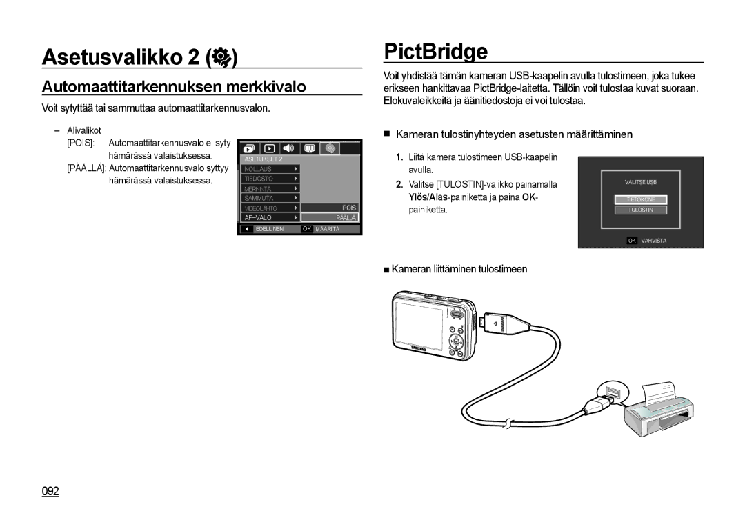 Samsung EC-I8ZZZPBA/E3 PictBridge, 092, Kameran tulostinyhteyden asetusten määrittäminen, Kameran liittäminen tulostimeen 