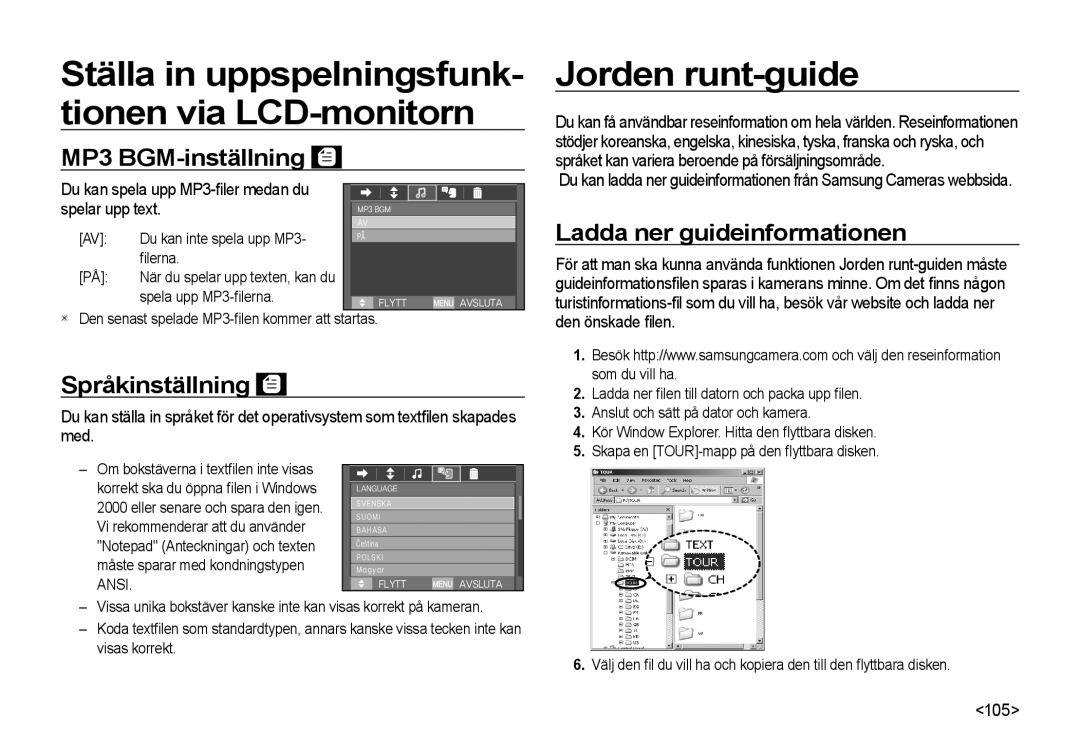 Samsung EC-I8ZZZBBA/E3 manual Jorden runt-guide, MP3 BGM-inställning, Ladda ner guideinformationen, Språkinställning 