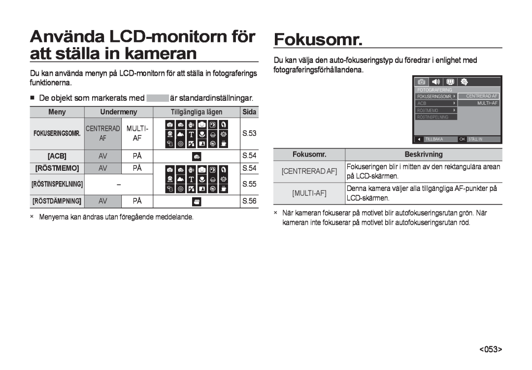 Samsung EC-I8ZZZUBA/E2 Använda LCD-monitorn för att ställa in kameran, Fokusomr, Meny, Undermeny, Tillgängliga lägen, Sida 
