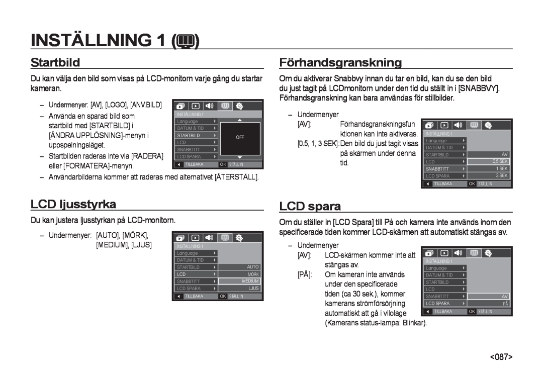 Samsung EC-I8ZZZPBA/E2, EC-I8ZZZWBA/E3 manual Startbild, Förhandsgranskning, LCD ljusstyrka, LCD spara, Inställning 